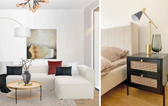 So könnte Ihr neues Wohnzimmer aussehen: Einrichtungsvorschlag von WESTWING (links). WESTWING-Ausstattungsbeispiel aus unserer Musterwohnung (rechts).