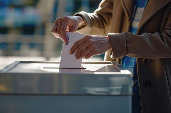 Woman Depositing Voting Ballot Into Ballot Box at Polling Statio